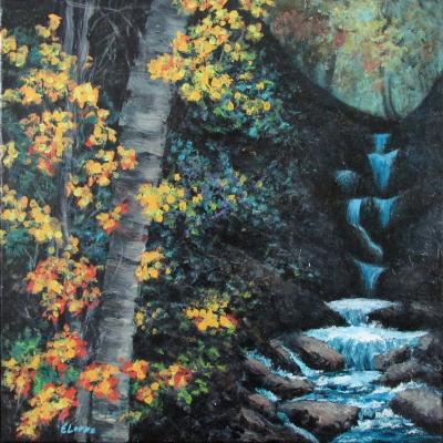 Yellow Flowers by Waterfall